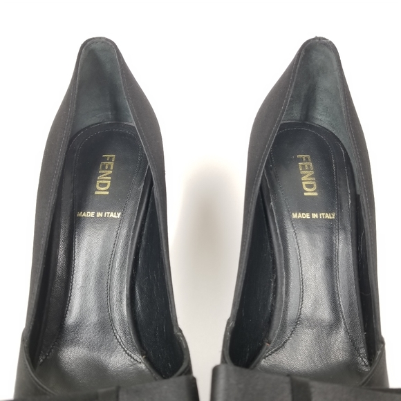 FENDI Peep Toe Heels in Black Satin with Bow Platform Stiletto Pumps EU 37 - Picture 6 of 16